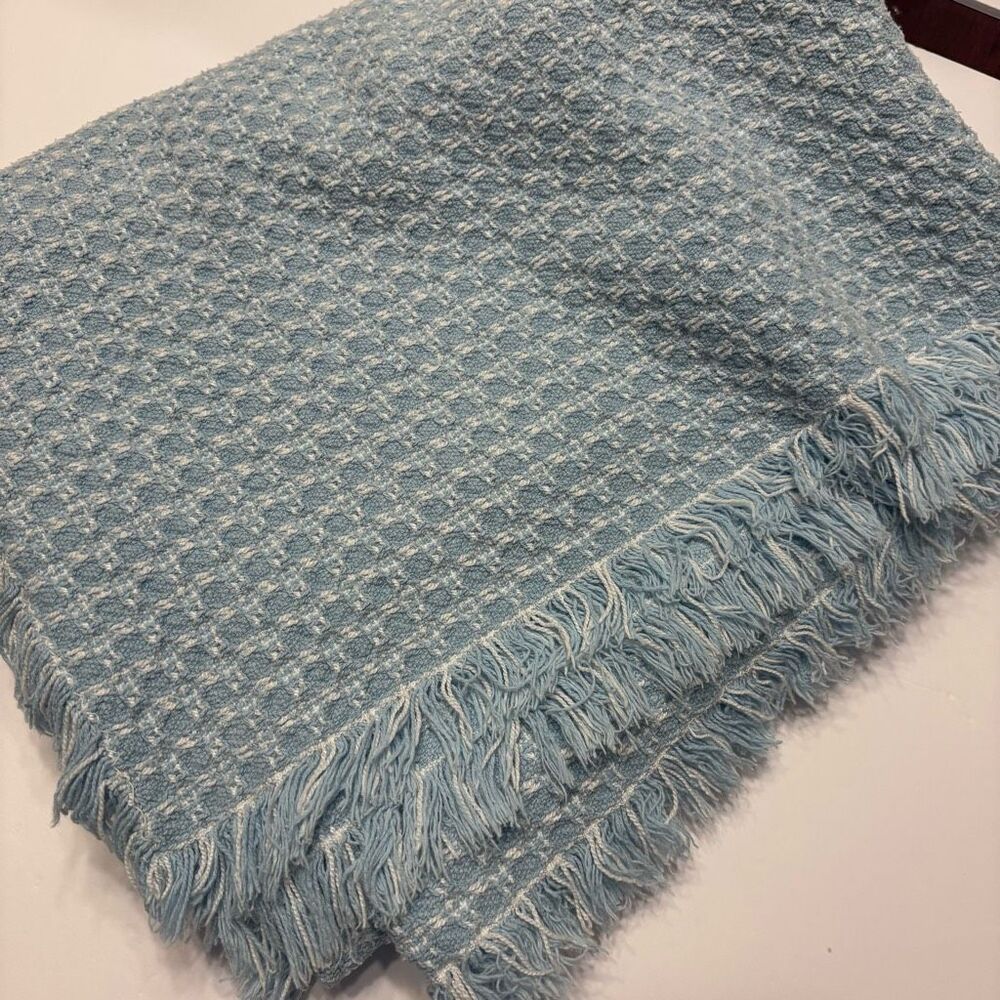 Vintage Homespun Fringed Tablecloth Blue White Rectangular Tablecloth 60" x 42"